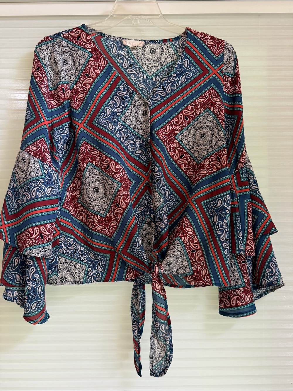 Altar'd State Teal & Burgundy Printed Tie-Front Blouse